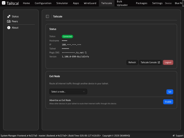 The Tailscale app Status tab showing a connected controller and the Exit Node card