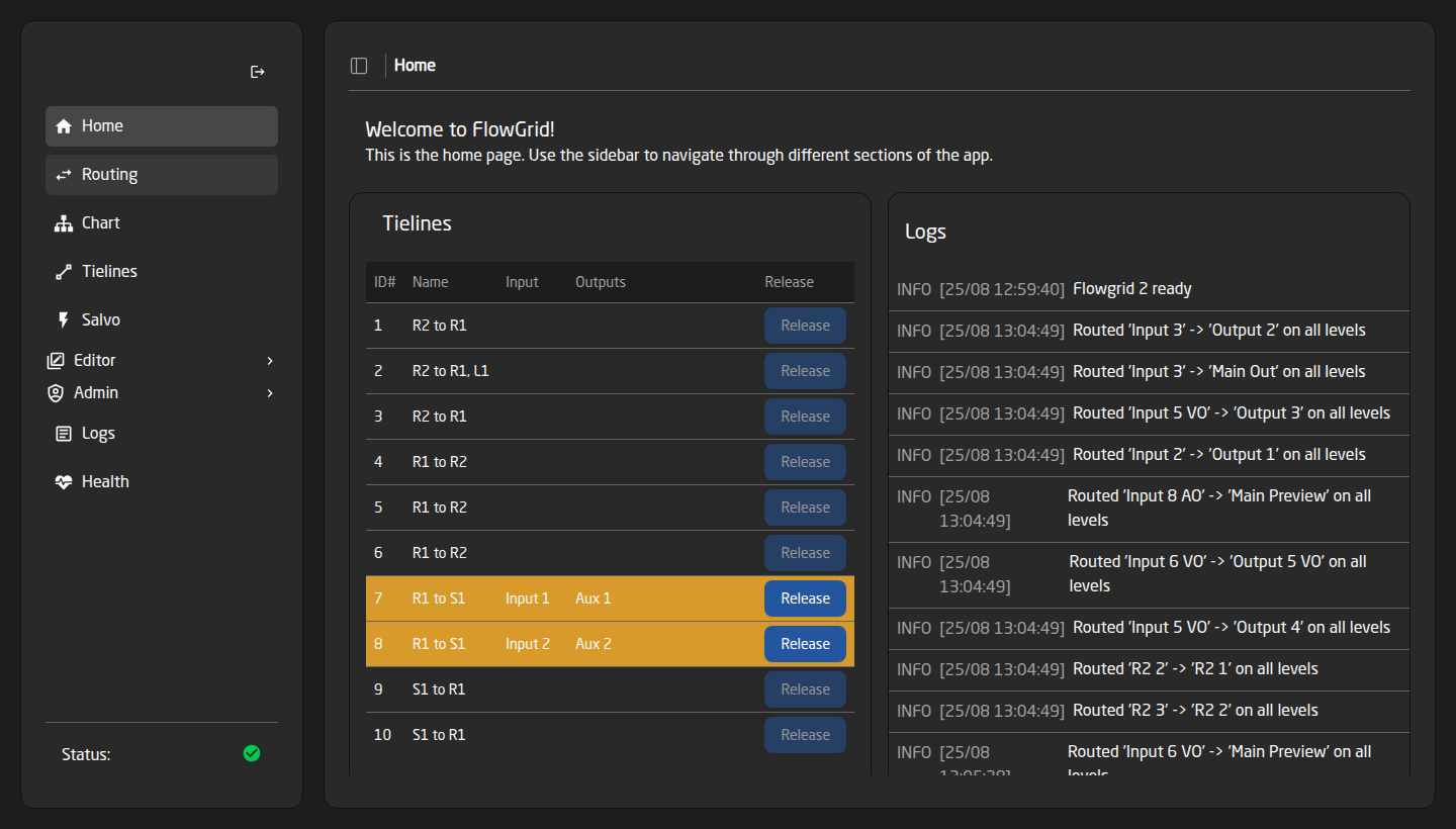 The FlowGrid Home page with the sidebar navigation and the live Tielines and Logs panels