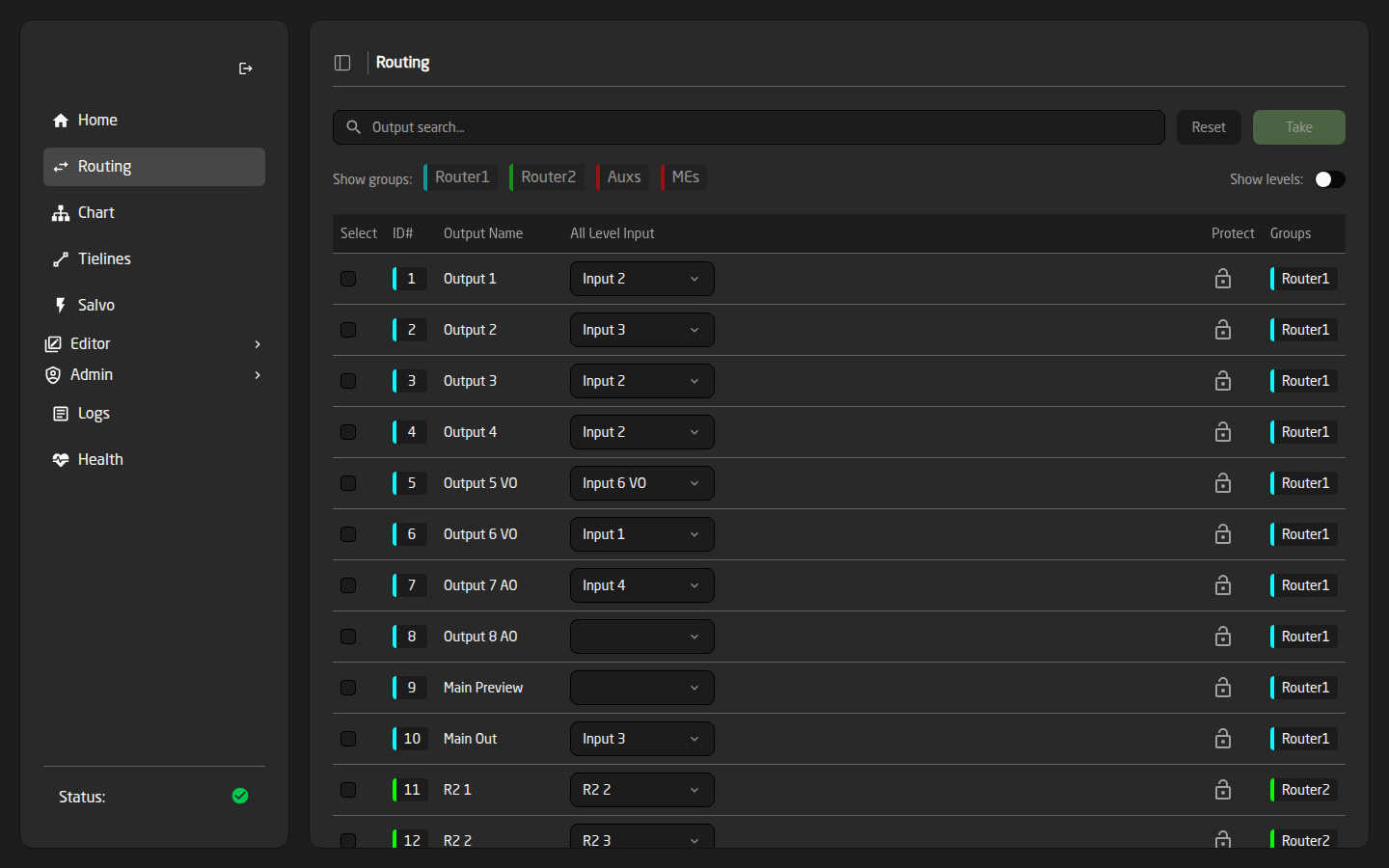 The FlowGrid Routing page: one row per output, each with an All Level Input dropdown, a Protect padlock and its group badges