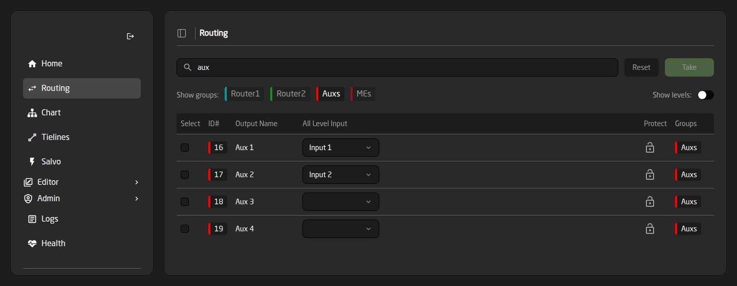 The Routing page filtered to the Auxs group with 'aux' typed in the output search box