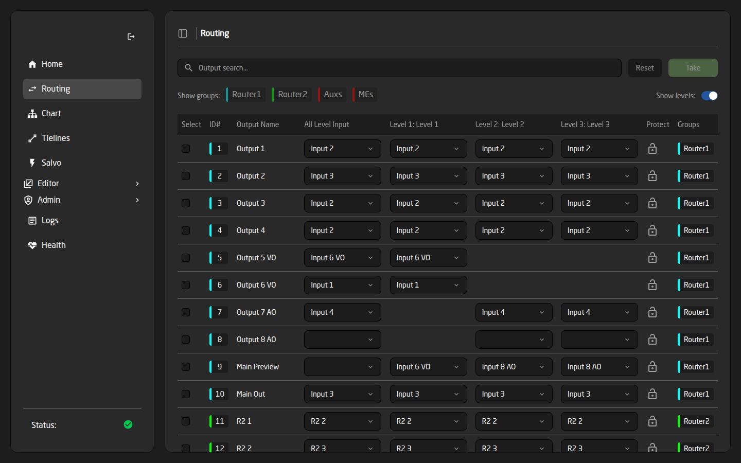 The Routing page with Show levels enabled, revealing one source dropdown per level; Main Preview shows a breakaway with a blank All Level Input