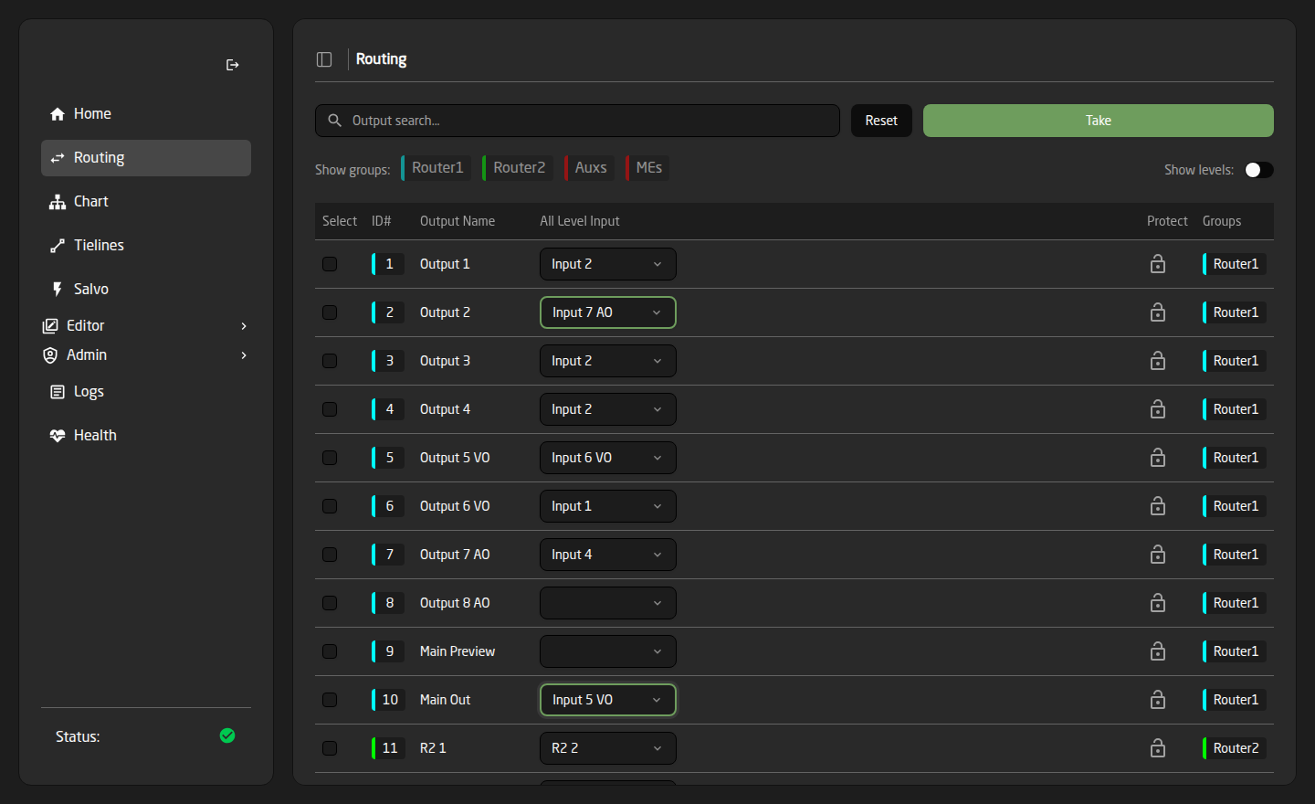 Two dropdowns with green borders showing staged source changes, and the Take button widened and green