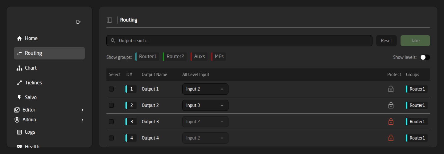 Two output rows with a red closed padlock in the Protect column and their source dropdowns greyed out
