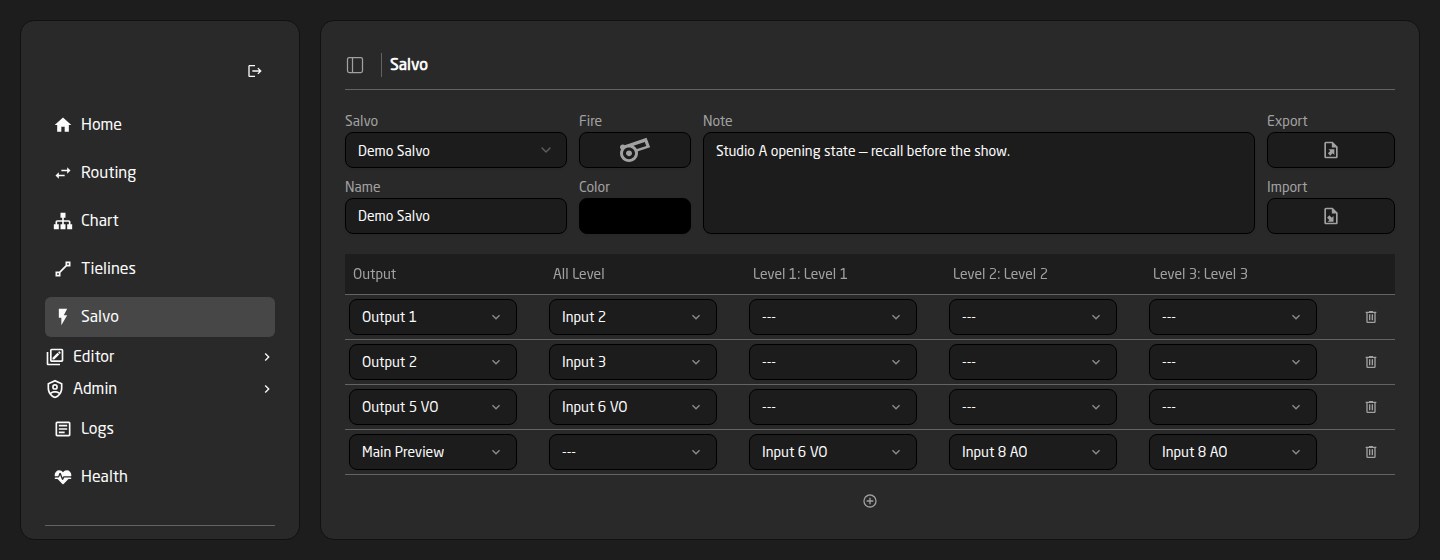 The Salvo page showing Demo Salvo with a note and four steps, one of which is a per-level breakaway