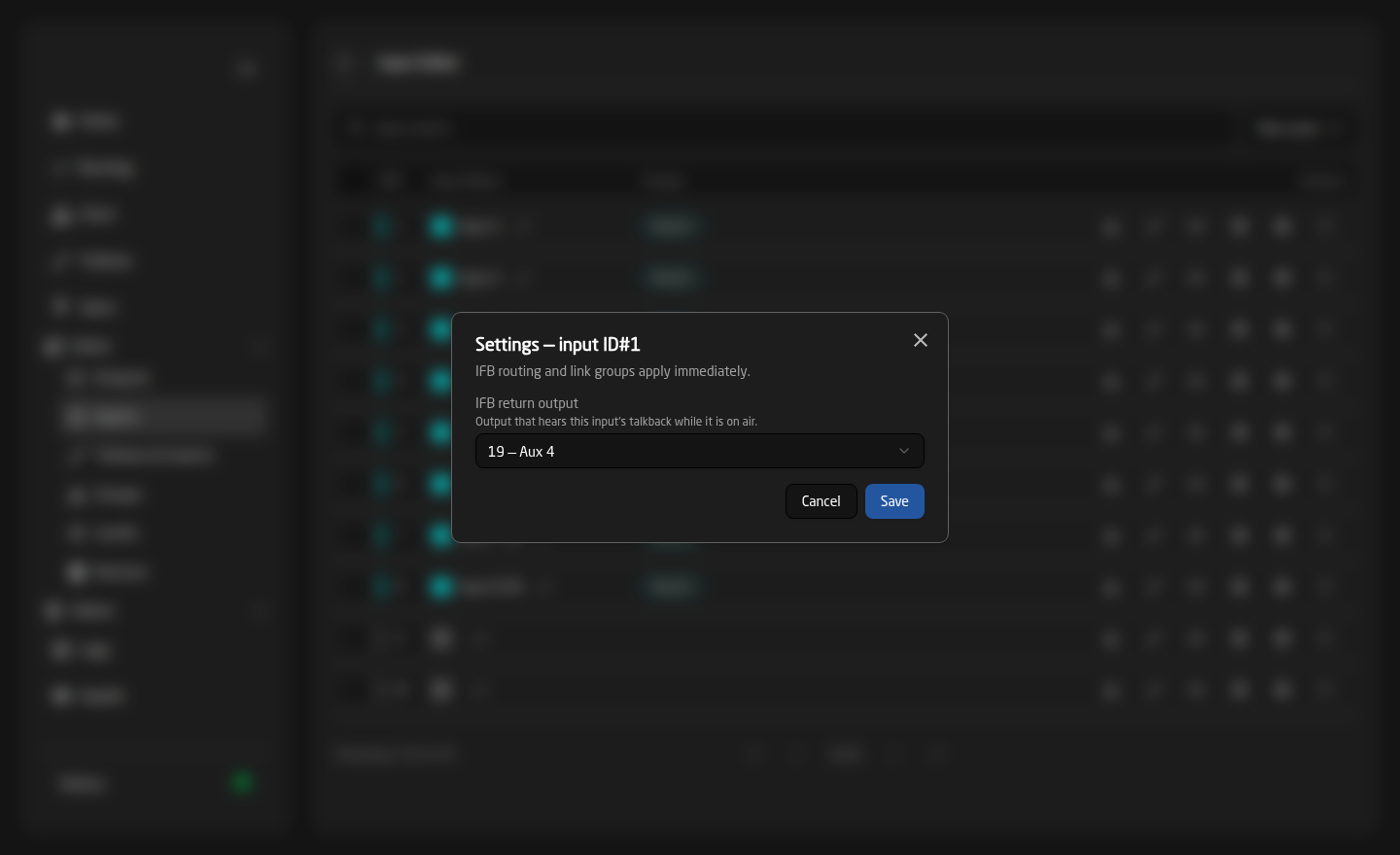 The Settings dialog for an input, with IFB return output set to Aux 4