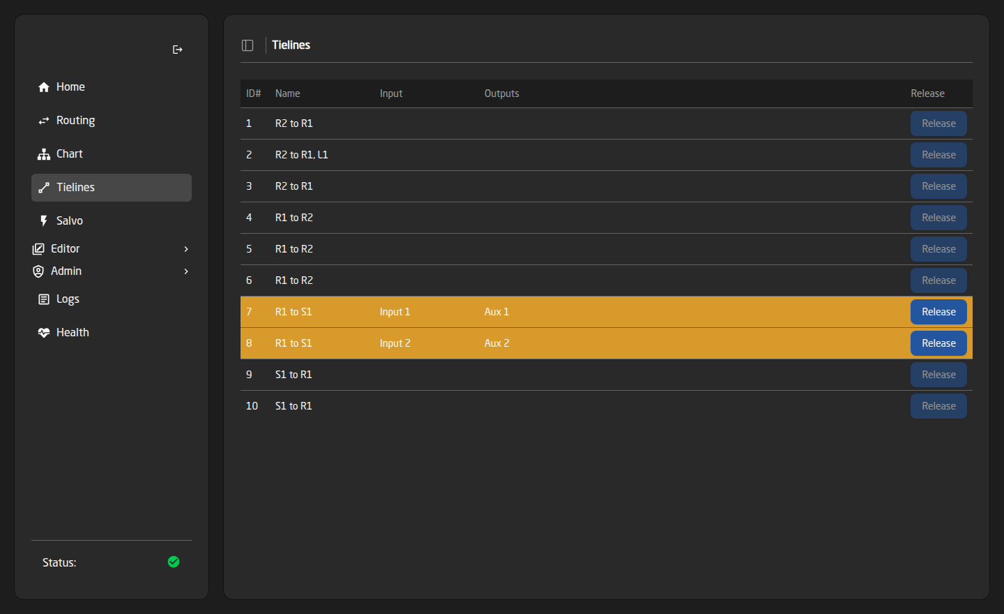 The Tielines page listing ten tielines, two of them highlighted orange with the source and destination using them and an active Release button