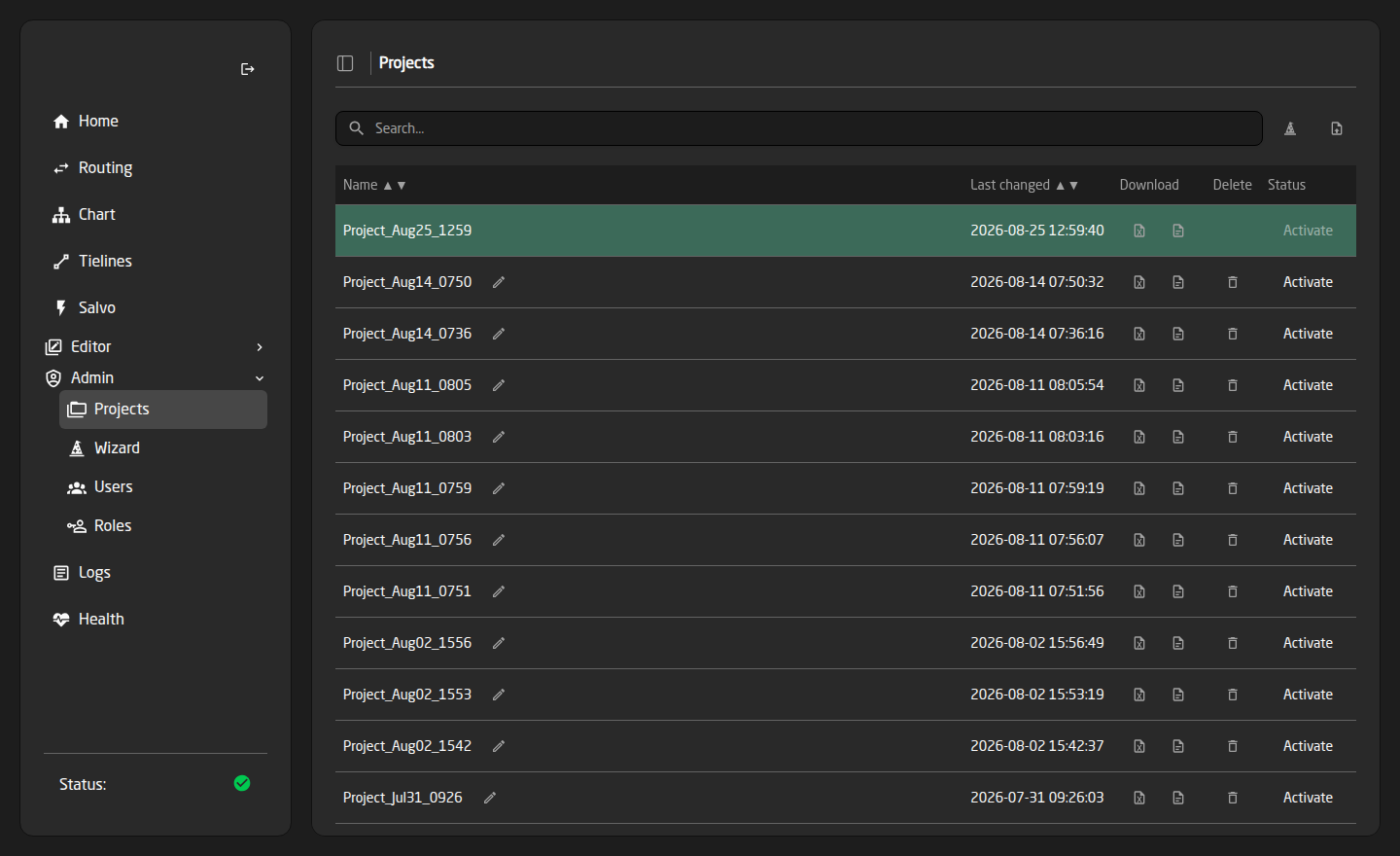 The Projects page listing saved projects by name and last changed date, with the active project highlighted in green
