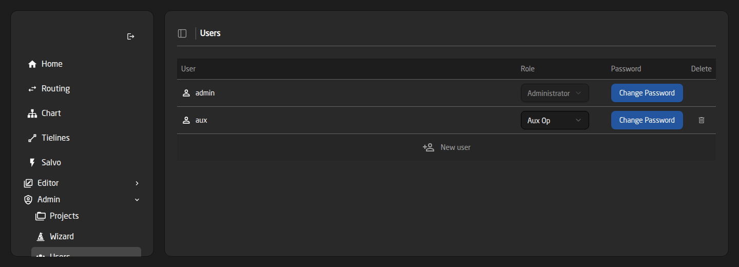 The Users page listing the admin account and an aux account with role dropdowns and Change Password buttons