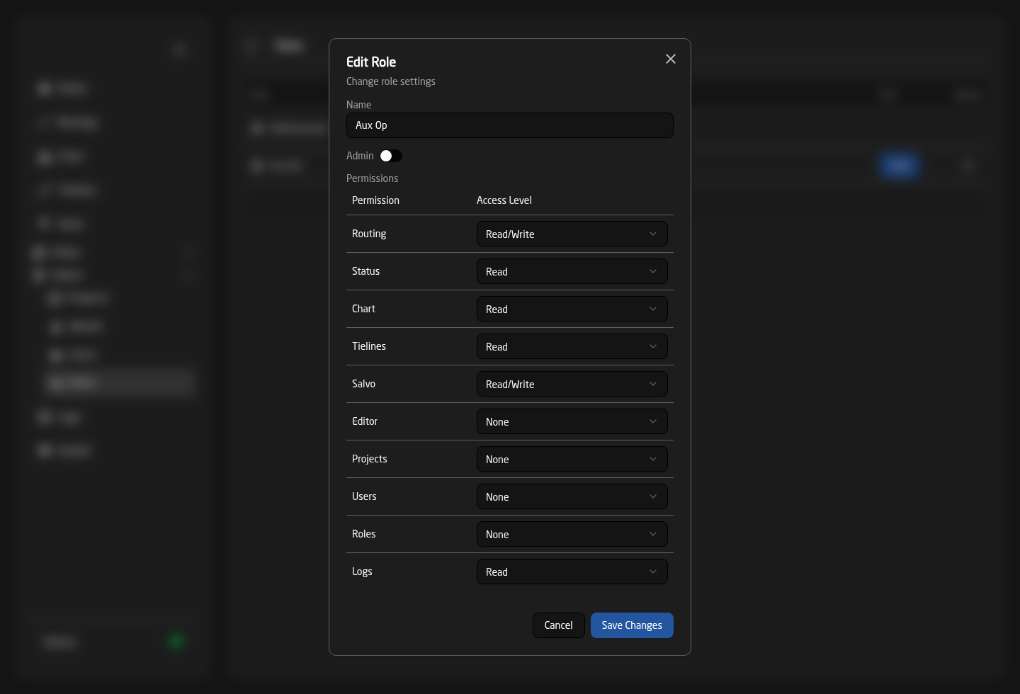 The Edit Role dialog for a role named Aux Op, with an Admin switch and a permission table setting each feature to None, Read or Read/Write