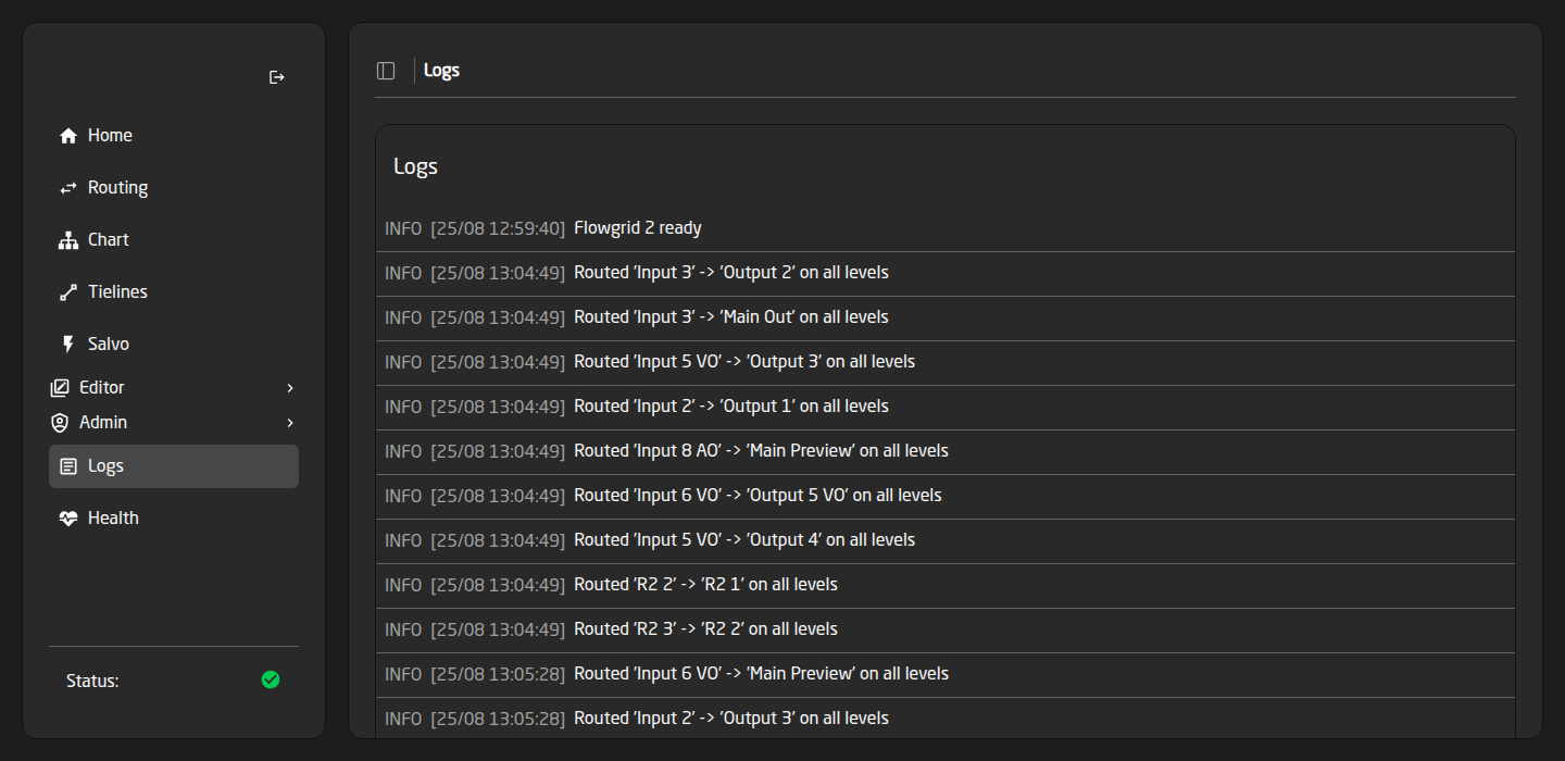 The Logs page streaming routing entries, each with a level, a timestamp and a message