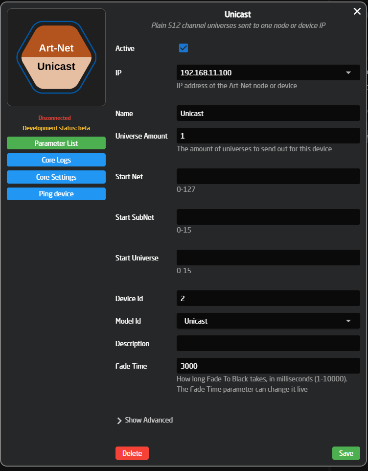 Unicast device settings