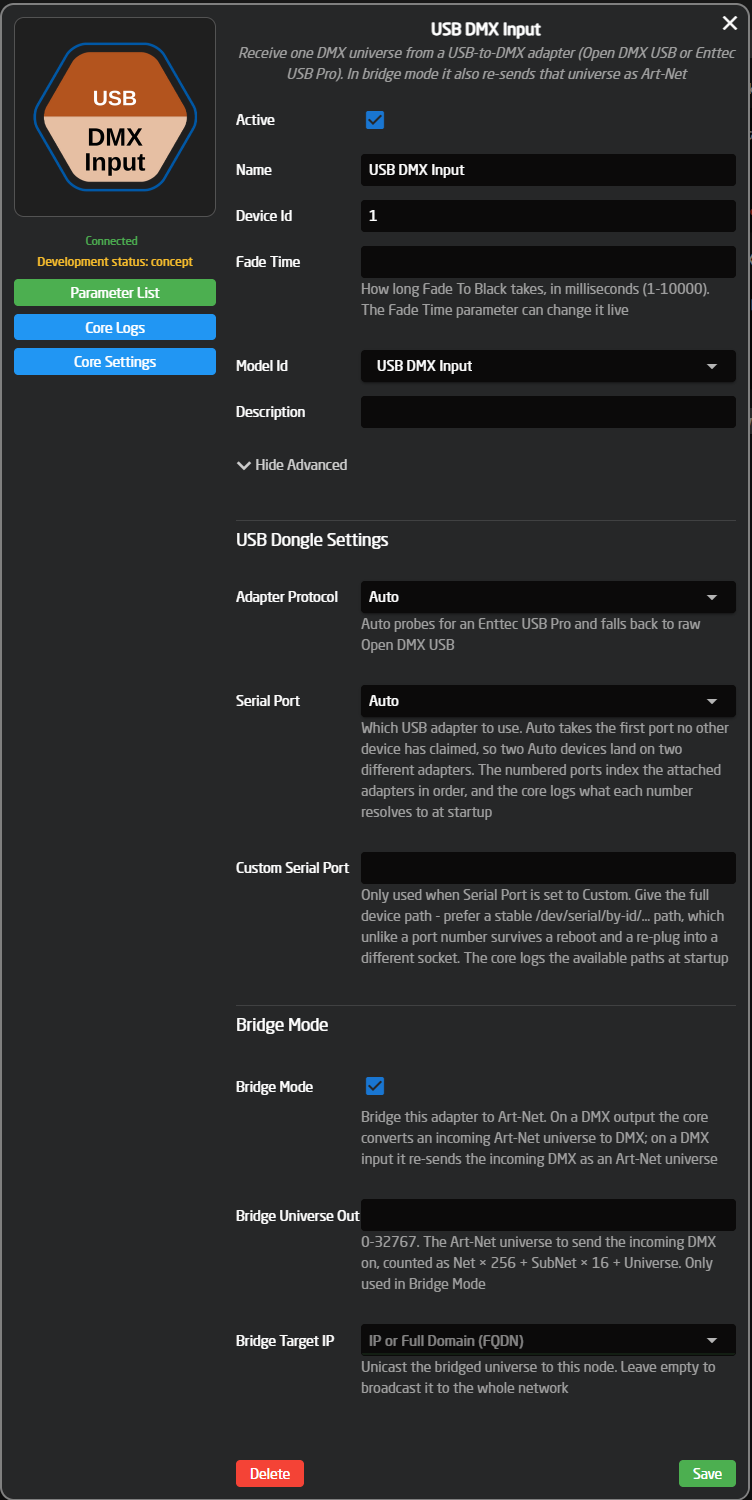 USB DMX Input device settings