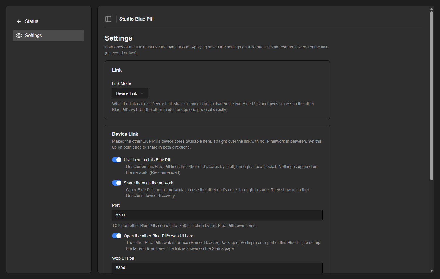 Settings page